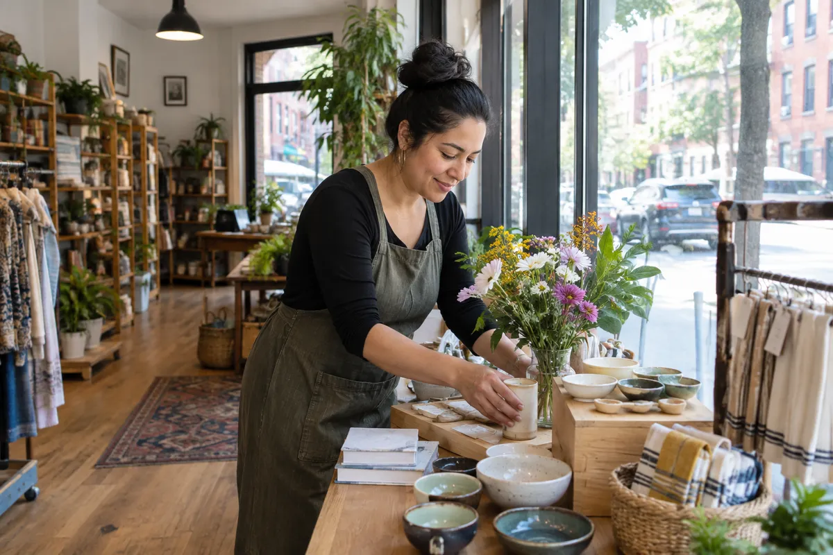 A shopkeeper arranging items inside a neighborhood storefront